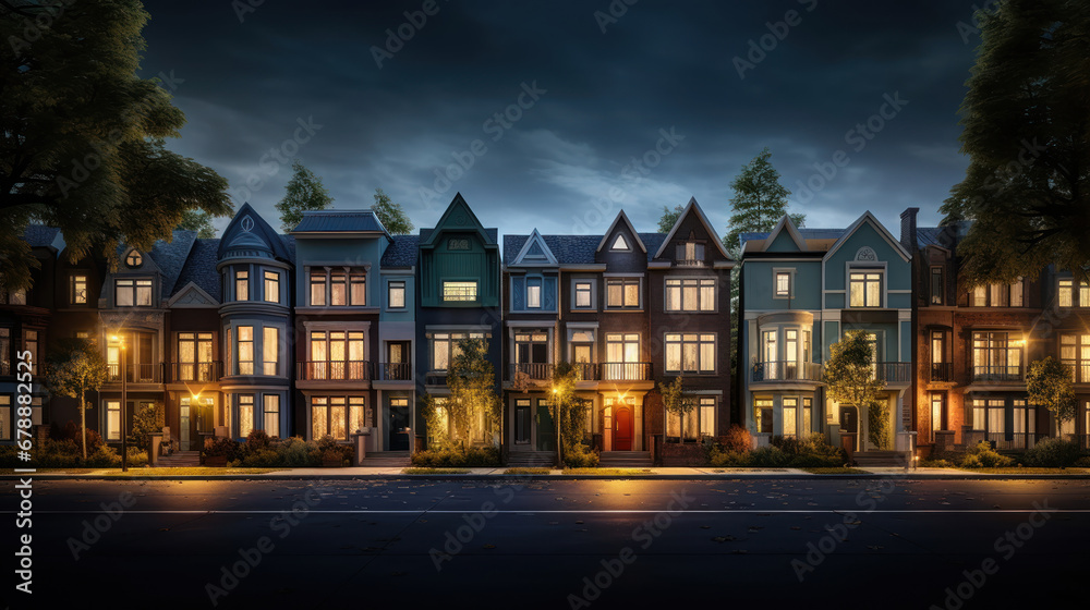 Naklejka premium Townhouses line up, their dark facades whispering urban tales