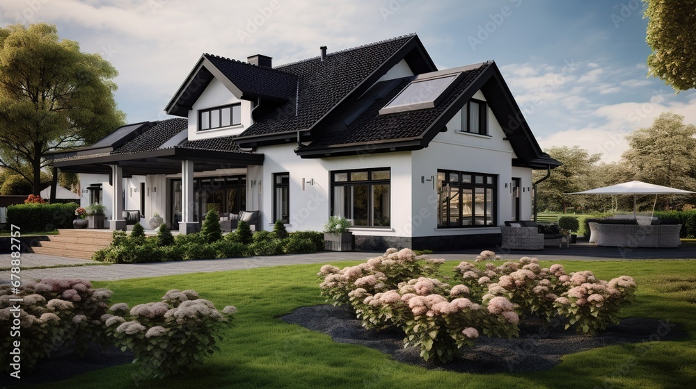 White Family House with Black Pitched Roof Tiles