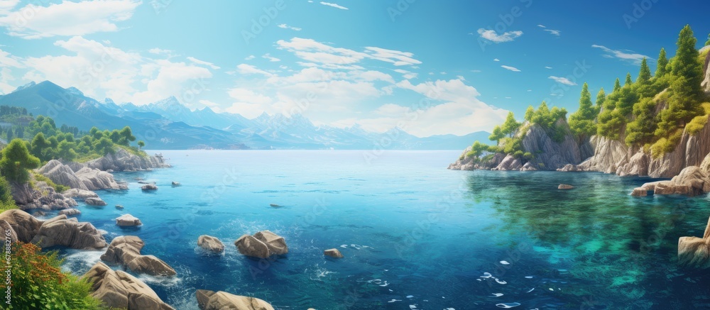 summer as they travel through Italy they gaze at the breathtaking landscape with its vibrant green mountains crystal blue sea and white clouds painting the sky while the water sparkles in va