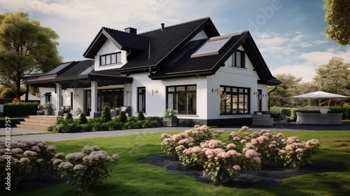 White Family House with Black Pitched Roof Tiles