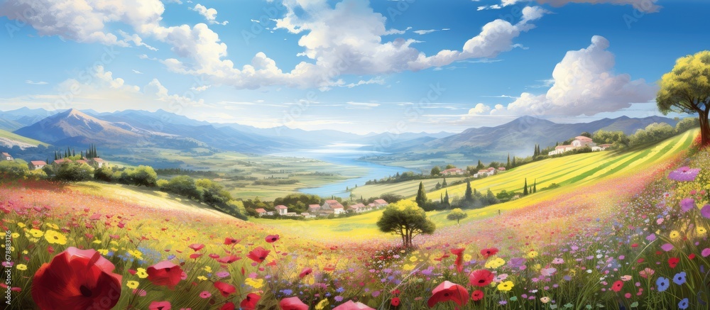 In the breathtaking Mediterranean landscape a beautiful and colorful spring season unfolds painting the fields with vibrant petals and lush grass creating a stunning nature background of en