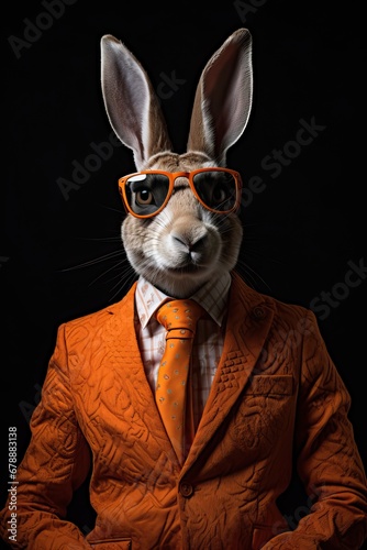 Rabbit dressed in an elegant modern orange suit, tie and glasses. Fashion portrait of an anthropomorphic animal posing with a charismatic human attitude © Eli Berr