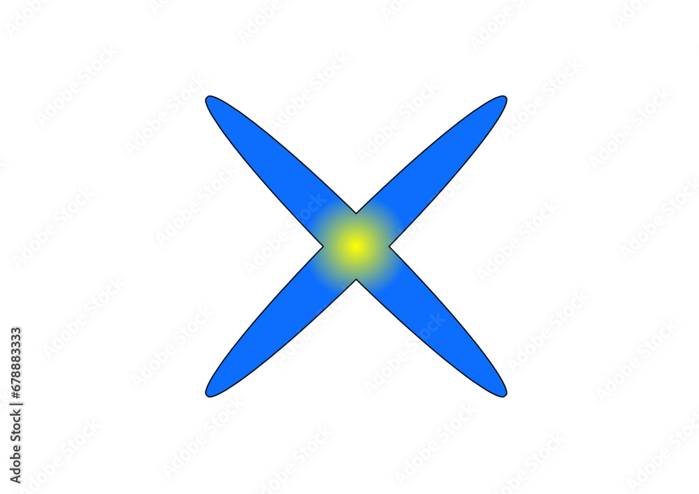 vierstrahliger blauer stern mit abgerundeten spitzen und gelbem zentrum, modernes abstraktes design, ausgeschnitten, freigestellt, scherenscnitt, einfache figur