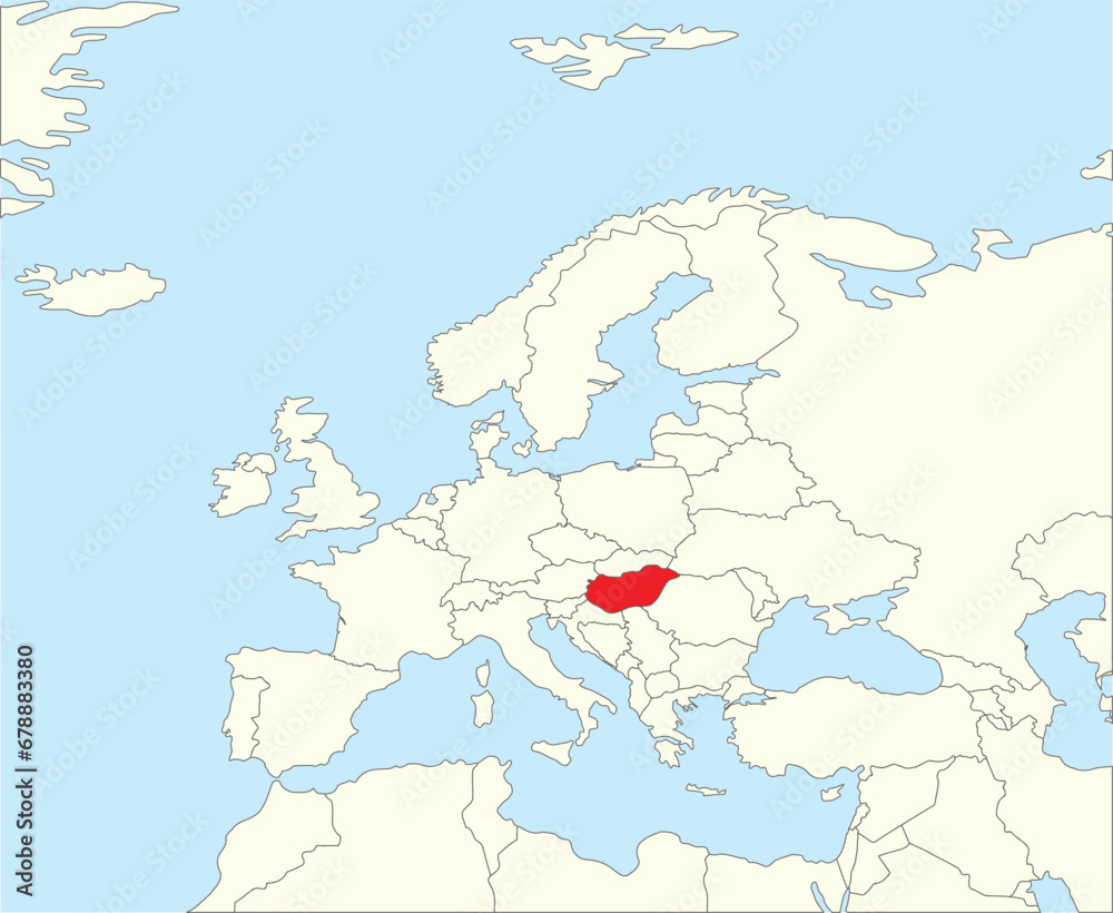Red CMYK national map of HUNGARY inside simplified beige blank political map of European continent on blue background using Winkel Tripel projection