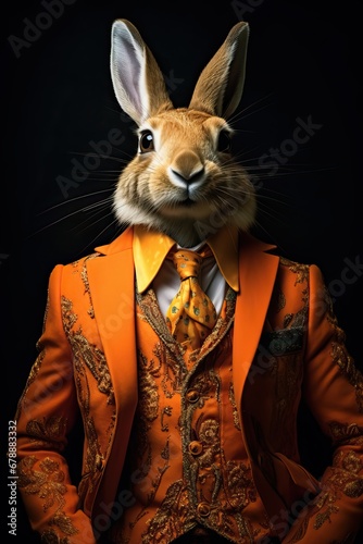 Rabbit dressed in an elegant modern orange suit, tie and glasses. Fashion portrait of an anthropomorphic animal posing with a charismatic human attitude