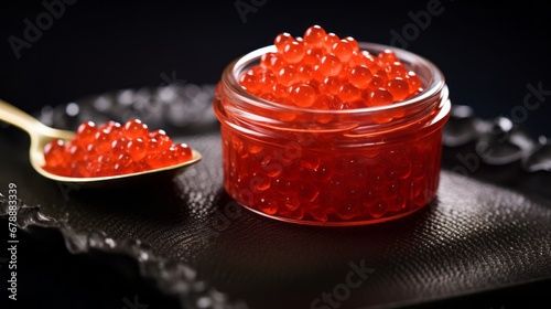 Red caviar in a glass jar on a black background. Close-up. photo