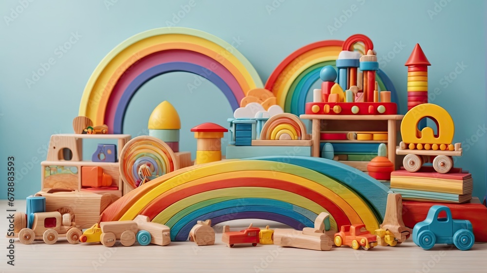 Kids toys collection with wooden rainbow, - obrazy, fototapety, plakaty 
