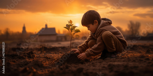 little boy plants tree - natural sunny landscape 