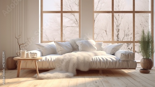 White Sofa with Wool Blanket and Fur Pillow on Rug