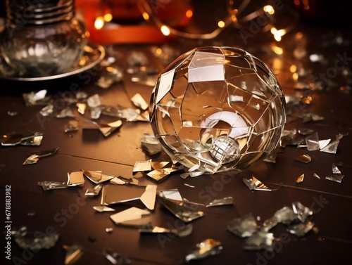 Christmas ball glass broken into pieces, photos and conceptual metaphor , AI generator