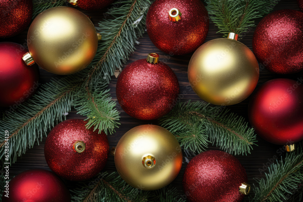 close up red and gold Christmas baubles on a bed of pine needles with top view close up red and gold Christmas baubles on a bed of pine needles with top view
