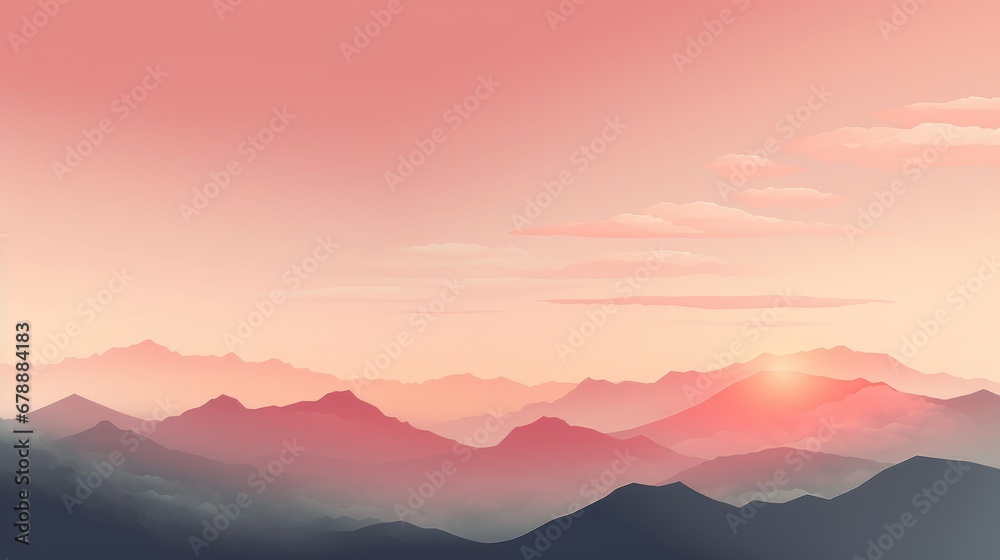 A landscape illustration with sunrise in the mountains