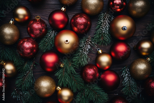 close up view of shiny red and gold Christmas baubles interspersed with pine branches, wooden background top view