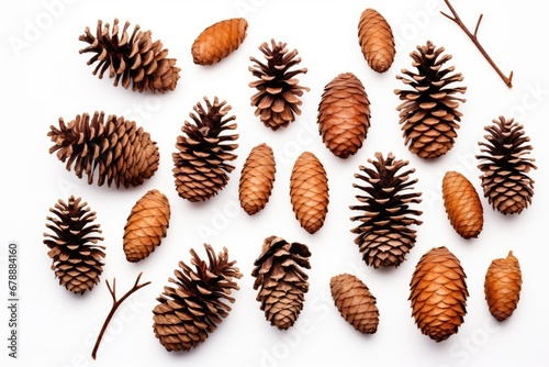 collection of various pine cones scattered on a white background