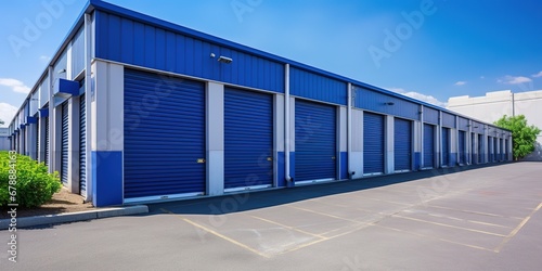 Generative AI, Mini colorful metal self storage facilities rental units, warehouse exterior, industry garage building...