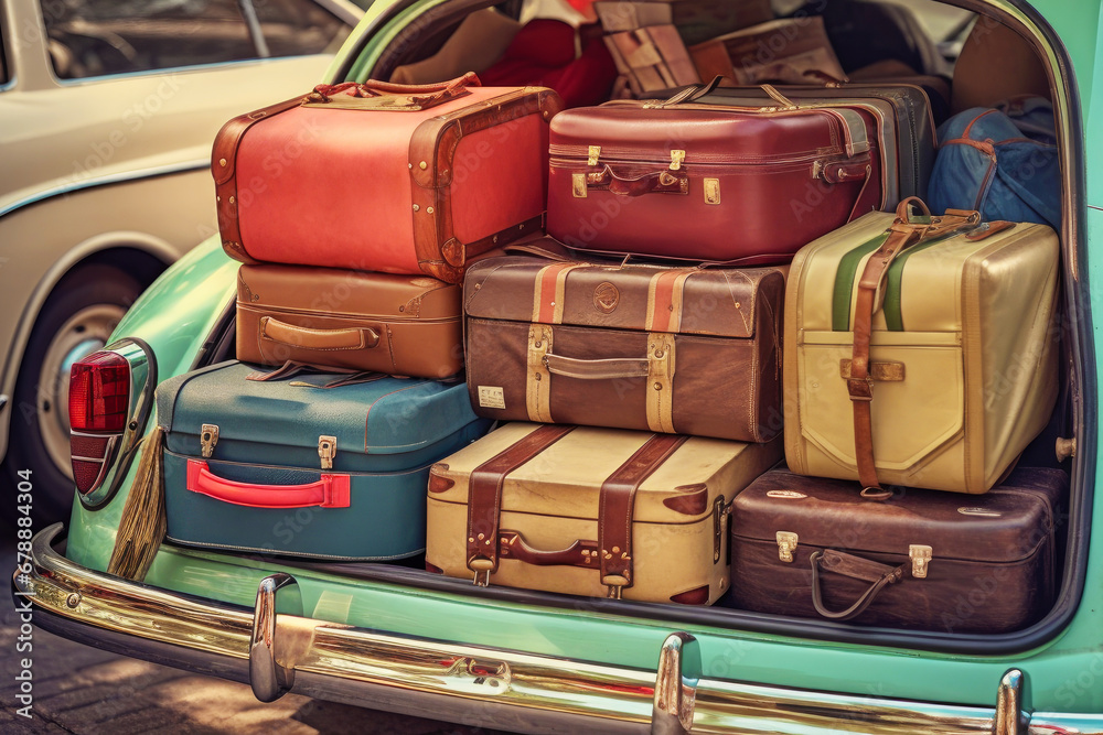 Retro car with luggage in trunk. Suitcases and bags in trunk of car