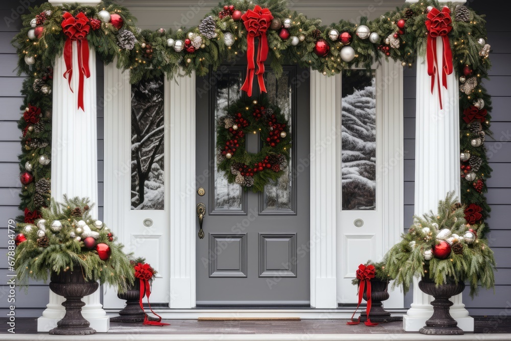 sophisticated doorway framed by lush Christmas greenery, wreath, and red ribbon accents
