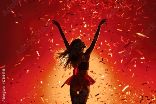 Silhouette of a woman in jubilation, surrounded by cascading red confetti background