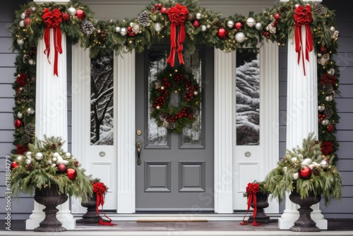 sophisticated doorway framed by lush Christmas greenery  wreath  and red ribbon accents