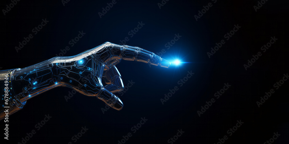 Robotic hand with illuminated circuits is reaching out with bright light emanating from the fingertip on black banner. Future technology concpet - obrazy, fototapety, plakaty 