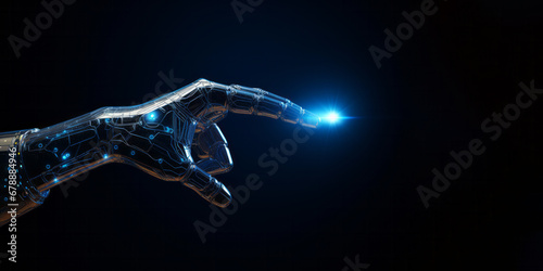 Robotic hand with illuminated circuits is reaching out with bright light emanating from the fingertip on black banner. Future technology concpet