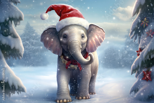 adorable baby elephant with santa hat and christmas necklace, snowflakes and copy space