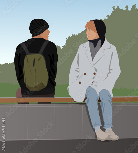 A couple of young people are sitting on a park bench and look at each other. Vector minimalistic illustration.