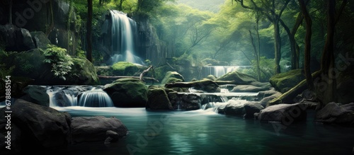 serene landscape of the park a majestic waterfall cascades down a series of rocks creating a mesmerizing display of natures force and beauty while the tranquil river flows peacefully whispe
