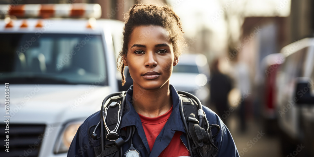 Portrait of a dedicated Emergency Medical Technician Paramedic in action, assessing injuries and administering urgent care