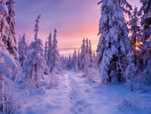 snowy trees in the forest near a beautiful purple sky © olegganko
