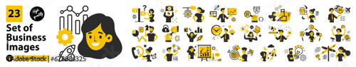 Business concept drawings. Mega Set. Scenes of men and women participating in business activities. In the white background, isolated flat graphic vector drawings.
