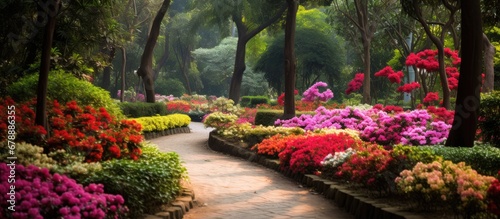 In the enchanting garden a vibrant array of colorful flowers adorned the trees while a lush green carpet of plants lined the footpath offering a beautiful outdoor setting for nature lovers t