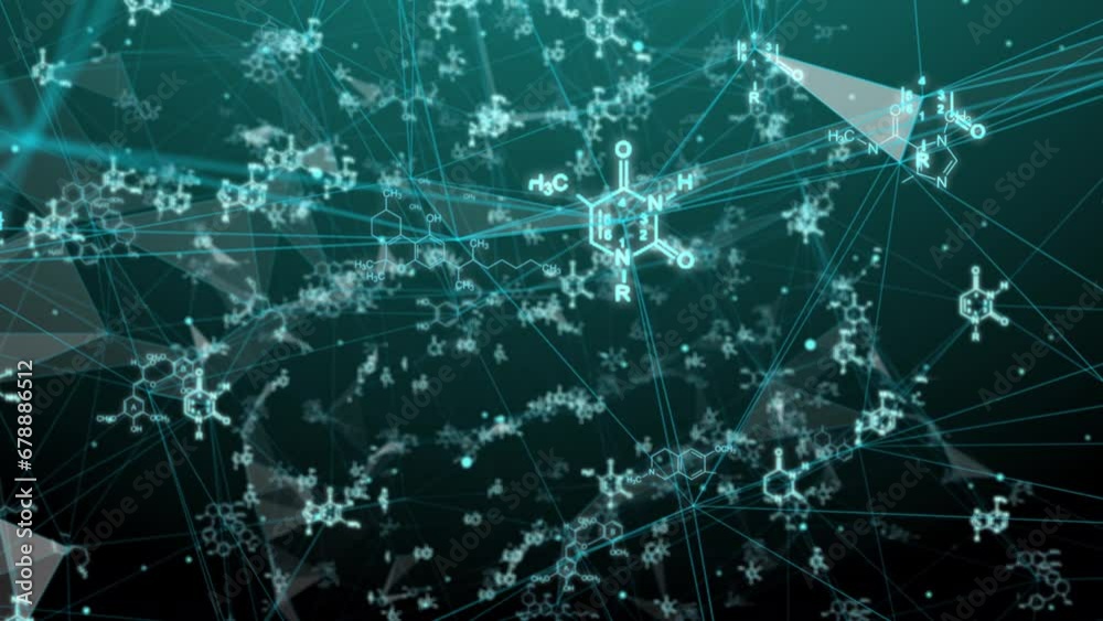 Animation of structural chemical formulas on a white background in abstract digital space. video loop