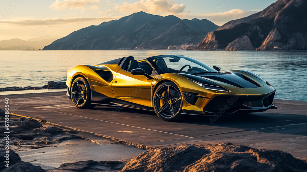 Concept, promotional photo of a cool convertible sports car by the sea at sunset. 3D rendering. 
