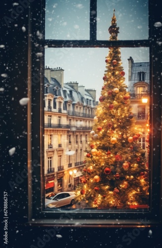 view of christmas tree on christmas tree covered window
