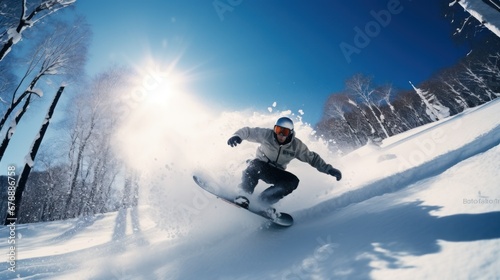 a snowboarder slides down clean snow from a mountainside