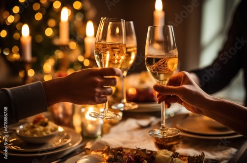 people toasting christmas dinner at a table in front of a christmas tree
