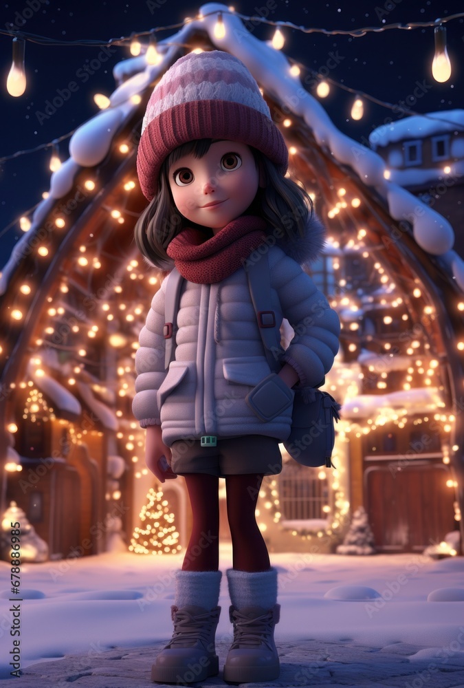 an animated girl in winter in front of christmas lights an animated girl in winter in front of christmas lights