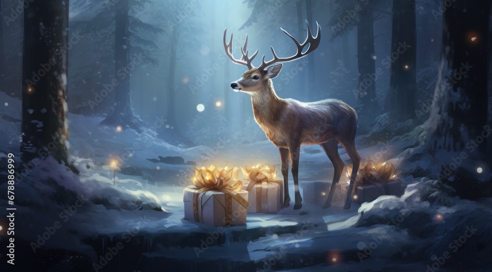 a deer with many presents sitting in the snow - obrazy, fototapety, plakaty 