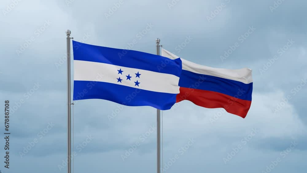 Russian Federation and Honduras flag waving together on cloudy sky, endless seamless loop Russian Federation and Honduras flag waving together on cloudy sky, endless seamless loop