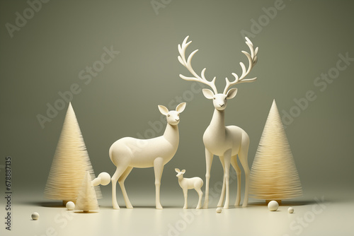 3D paper clip art deer in the forest. Christmas concept.