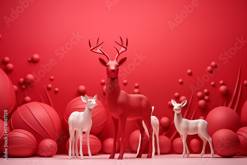 3D Xmas deer character clip art tools in red background.