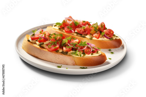 appetizer bruschetta with tomato, cheese and basil on a plate isolated on transparent background, png file