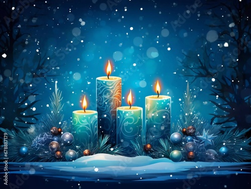 Background design for Christmas card with candles on blue background, AI generator