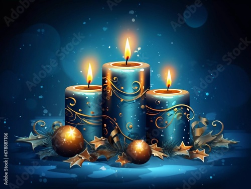 Background design for Christmas card with candles on blue background, AI generator