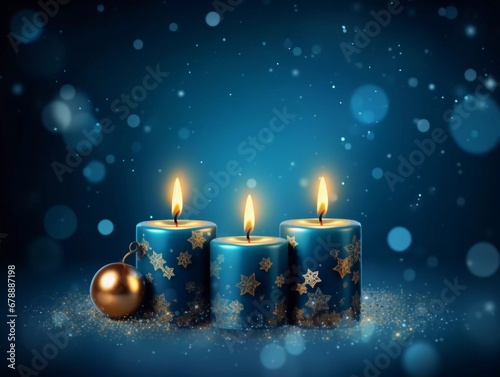 Background design for Christmas card with candles on blue background, AI generator
