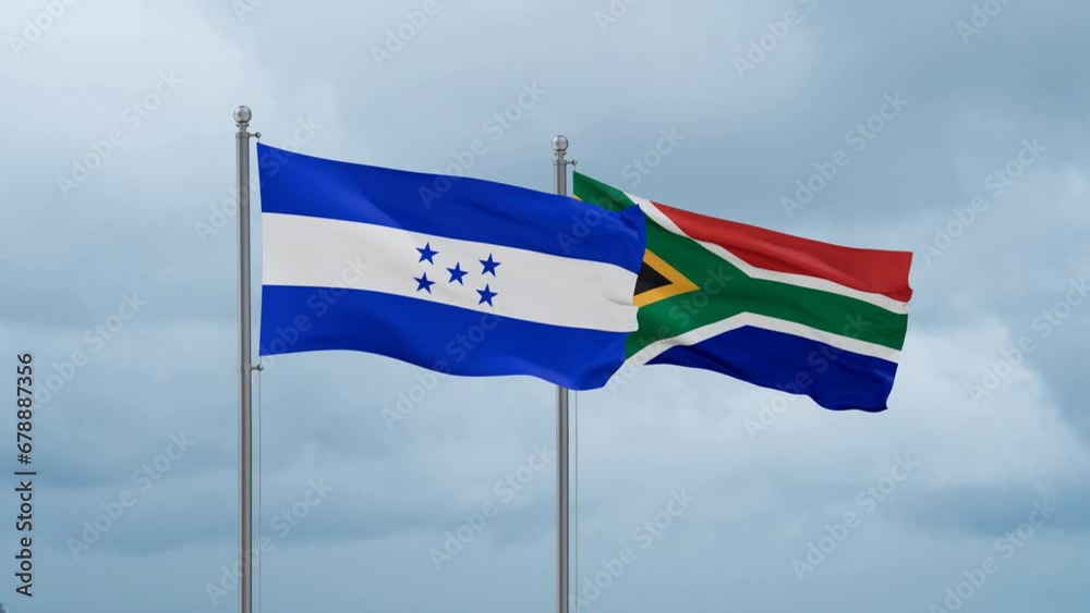 Republic of South Africa and Honduras flag waving together on cloudy sky, endless seamless loop, two country cooperation concept Republic of South Africa and Honduras flag waving together on cloudy sky, endless seamless loop, two country cooperation concept