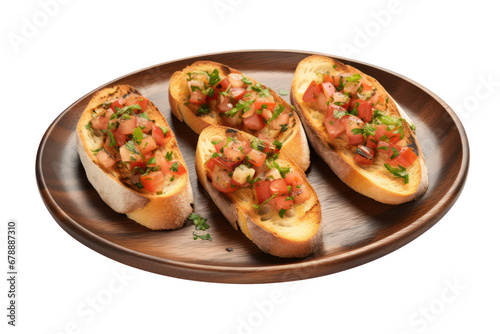 appetizer bruschetta with tomato and basil on a plate isolated on transparent background, png file
