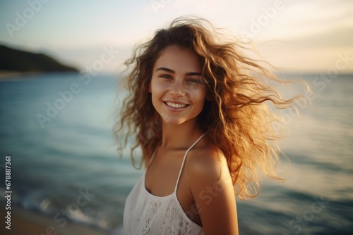 Portrait of the beautiful smilling young woman with wind fluttering hair on summer beach at sunset close up. Health, relaxation, travel concept