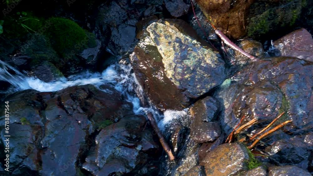 Mountain river, a spring in the mountains. Splash of water and rocks with moss, close-up. Mountain river, a spring in the mountains. Splash of water and rocks with moss, close-up.